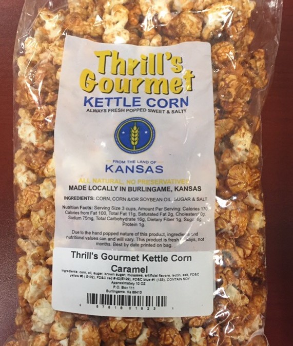 From the Land of Kansas Marketplace. Thrill's gourmet kettle corn 12 oz