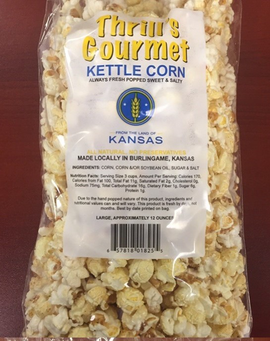 From the Land of Kansas Marketplace. Thrill's gourmet kettle corn 12 oz