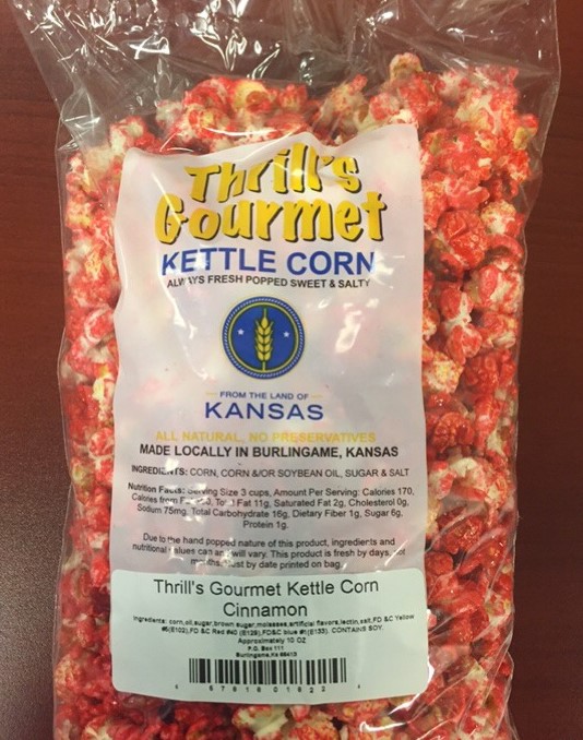From the Land of Kansas Marketplace. Thrill's gourmet kettle corn 12 oz