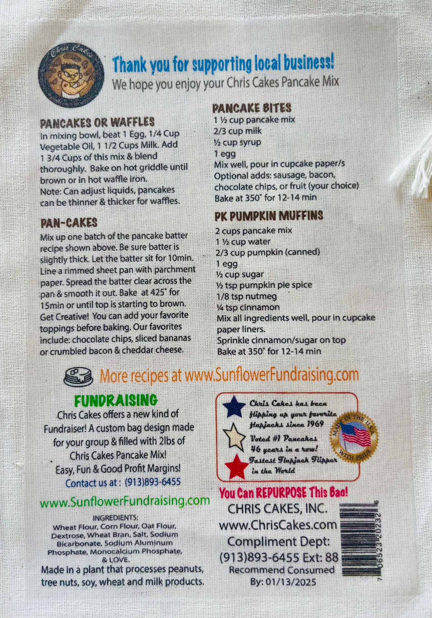 From the Land of Kansas Marketplace. Sunflower Fundraising Company Chris Cakes Pancake Mix